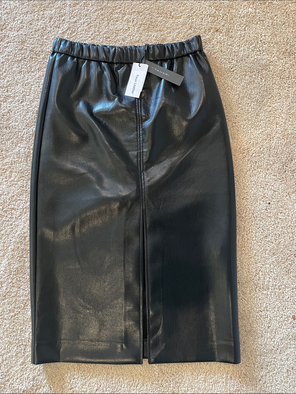 T Tahari | Black Faux Leather High Waist Pencil Midi Skirt | NWT Women’s S